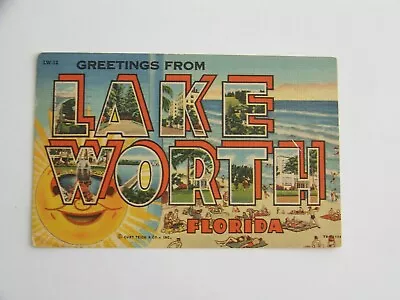 Lake Worth Florida FL Large Letter Greetings Sun Curt Teich Linen Millville NJ • $4.95