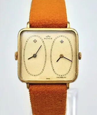 Vintage Royce Dual Time Mens Watch Art Deco Incabloc Swiss Rare 1950s   • $700