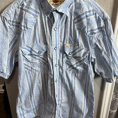 Larry Mahan Western Stripe Pearl Snap Shirt Men Small Short Sleeve Blue • $24