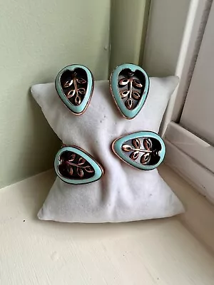 Vintage Matisse Copper And Enamel Leaf Bracelet And Clip Earrings Set • $69.99