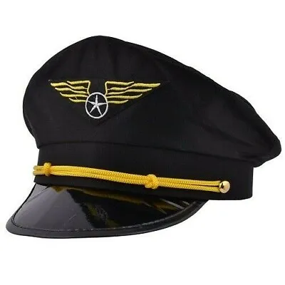 £8.99 • Buy Black Airline Pilot Captain Peaked Cap Fancy Dress Mens Uniform Costume Hat New