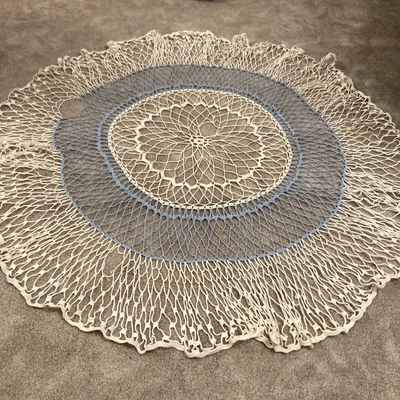 $12 • Buy Vintage Tablecloth Hand Crochet Doily Round Lace Table Cloth Topper 44” Blue