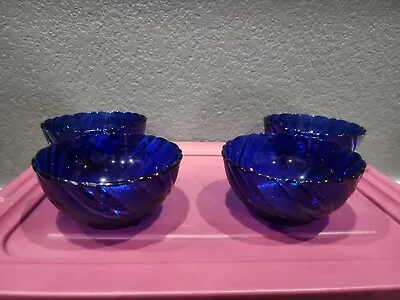 Vereco Duralex Bormioli Rocco Rivage Swirl Cobalt Blue 5” Bowl Set/4 EUC • $30