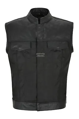 Men SOA Biker Waistcoat Vest Cordura Black Real Leather Collar & Trim Waistcoat  • £30