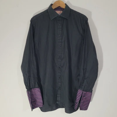 Mens THOMAS PINK Dress Shirt Black Neck 16 French Cuff Cotton  Long Sleeved • £19.90