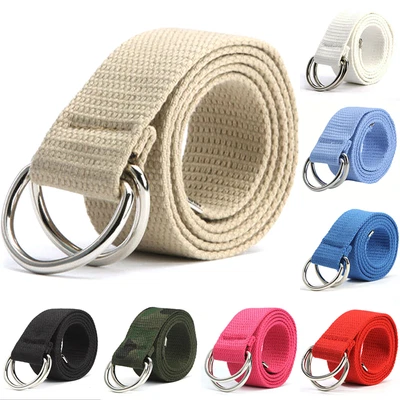 Mens Womens Canvas Waist Belt Webbing With Double D Ring Metal Buckle Waistband • £2.87