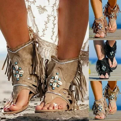 £14.85 • Buy Womens Sandals Boho Ankle Strap Sandals Summer Tassel Flat Flip Flops Beach Shoe