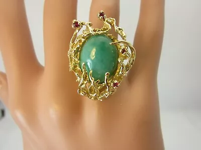 Vintage 14K Yellow Gold Jadeite Jade And Ruby Ring • $995