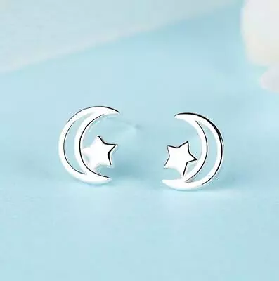 $7.99 • Buy Silver Tiny Moon Star Earrings Stud