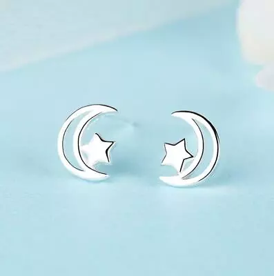 $7.99 • Buy Silver Tiny Moon Star White Gold Earrings Stud