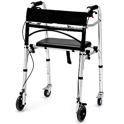 2-Button Folding Walker Height Adjustable Walking Aid With Seat 4 Wheels Brakes • $109.99