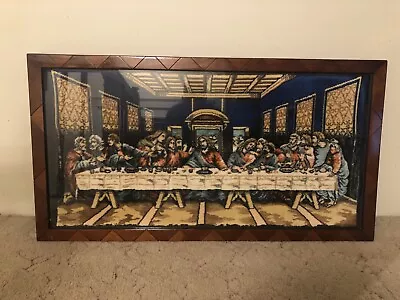 Vintage 43  X 23  Tapestry Last Supper Jesus Christ & Disciples Wood Frame Glass • $49.99