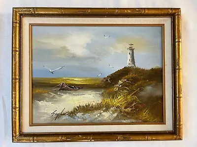 Vintage Orignal Oil Painting Seashore Lighthouse Seascape Signed Engel Framed • $89