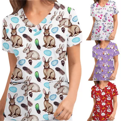 $18.68 • Buy Easter Bunny Printed Nursing Uniform Scrub Blouse V-neck Short Sleeve Top Shirt