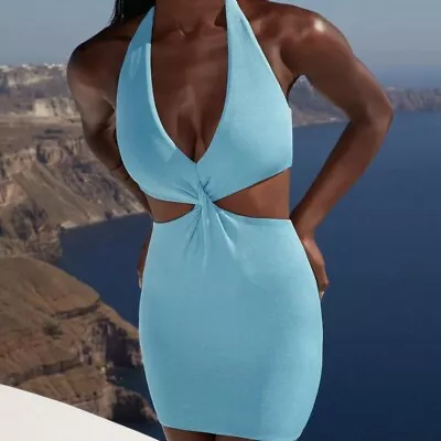 Oh Polly ‘Sunshine Sanctuary’ Blue Cut Out Twist Front Mini Dress - Size 8 • £20