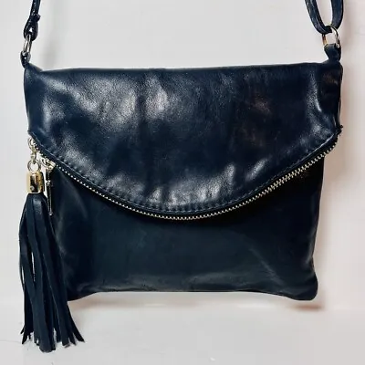 VERA PELLE ITALY Leather Black Crossbody Bag Vintage Fold Over Zip Tassel • $19.78