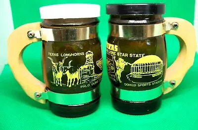 Vintage Salt Pepper Shakers TEXAS Barrell Glass Wooden Handles Lone Star State • $13