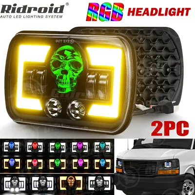 2PCS 7x6  5x7'' LED Headlights RGB Skull DRL HI-LO For GMC Savana 1500 2500 3500 • $69.99