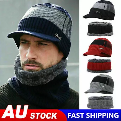 Winter Men Fleece Lined Beanie Knitted Cap & Scarf Fashion Warm Ski Hat Outdoor • $13.55