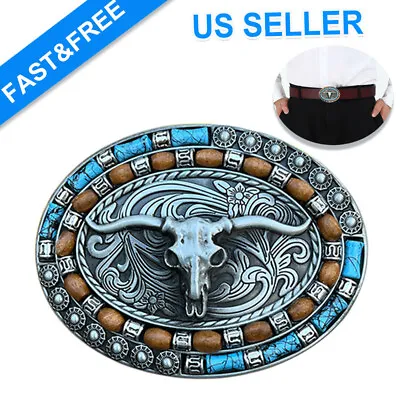 Silver Western Cowboy Belt Buckle Men Women Turquoise Cow Skull Belt Buckle USA • $10.78