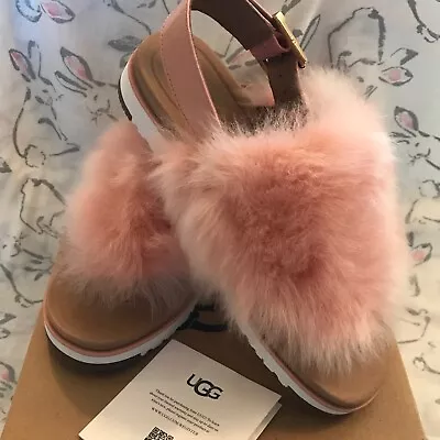 UGG Real Fur Fluff Holly Sandals PINK Size 6 New In Box 6.5 Women's • $45