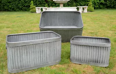 £29.95 • Buy Vintage Galvanised Large Metal Ribbed Rectangle Planter Plant Flower Pot Garden 