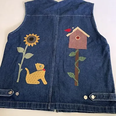 Vtg GITANO Denim Zip Up  Vest Cat Lover Hand Crafted Birds Large • $18