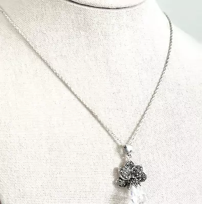 Vintage 925 Sterling Silver Marcasite Clear Faceted Crystal Pendant Necklace 24  • $59.99