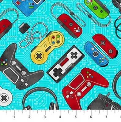 Cotton Gaming Zone Video Game Controllers Games Fabric Print By The Yard D672.94 • $12.95