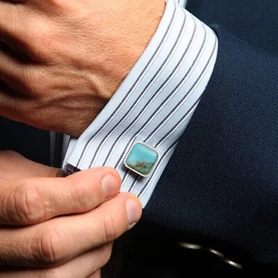 $95 • Buy Square Shape Kingman Turquoise Sterling Silver Gemstone Cufflinks For Men's