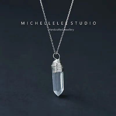 Wire Wrapped Natural Clear Crystal Pendant Necklace Genuine White Quartz Crysta • £9.95