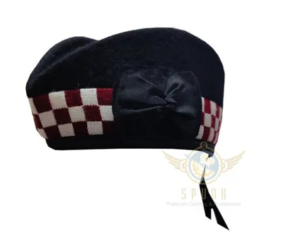 Scottish Military PIPER HAT BLACK Wool GLENGARRY Maroon & White DOUBLE DICED HAT • $34.20