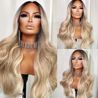 HD Transparent Lace Front Loose Curl Blonde Dark Root Ombre Long Wig Hair • $75