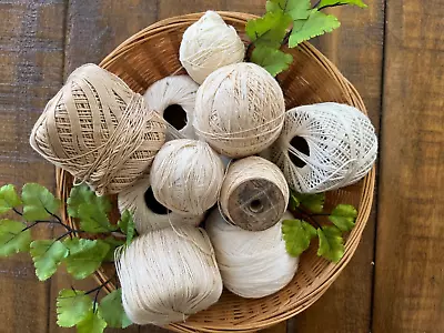 Farmhouse Collection Of  13 Vintage Cotton Crochet Thread In Basket With Greens • $17.95