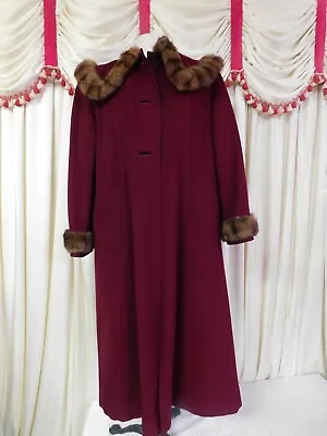 Vintage Maroon Wool Coat W/ Mink? Fur Collar & Cuffs 44  Bust • $48.37