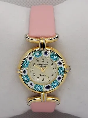 Ladies Murano Glass Venice Blue White Flowers Pink Leather Band Analog Watch K5 • $44.99