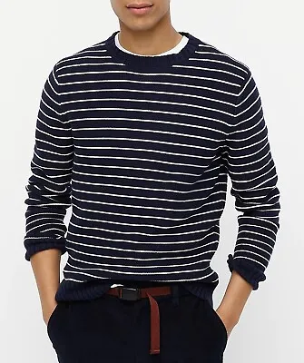 JCREW Sweater Striped Chunky Navy Blue White Organic Cotton Fisherman's Slim Nr • $28.87