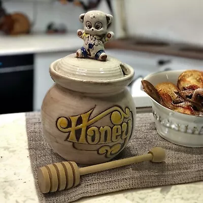 Vtg Pottery Craft USA Ceramic Honey Pot Retro Honey Bear Wooden Dipper • $16.50