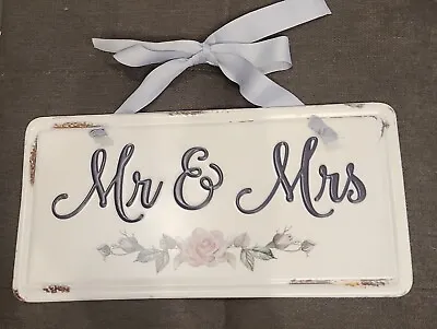 Rustic Looking Mr & Mrs Metal Sign W/Gray Ribbon & Roses  11 X 5  New • $12.99