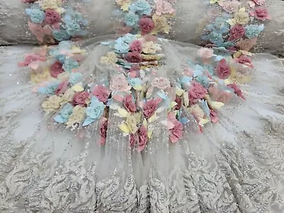 Ivory Beaded Lace Fabric By The Yard 3d Multicolor Flowers Quinceañera Dress • $129.99