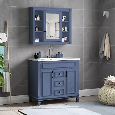 36'' Bathroom Vanity With Top Sink & Mirrorred Wall Mount Cabinet Blue • $759
