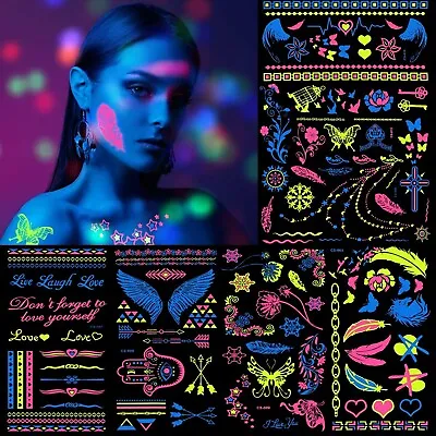 7 Sheets Neon Temporary Tattoos UV Tattoo Stickers Body Face Skin Neon Party • £6.99