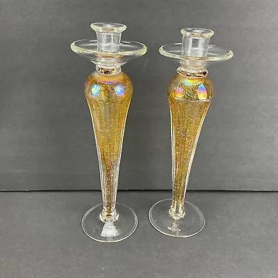 Vintage Pair VENETIAN MURANO Iridescent Gold Glass Candlestick Candle Holder 13” • $129.89