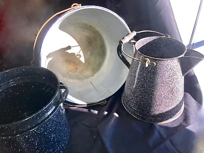 Vtg ENAMELWARE LOT Coffee Kettle Large 15  Handle Pot (Graniteware Speckle) • $40.75