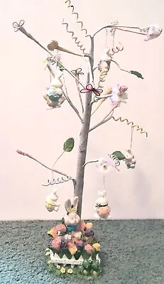 Vintage Easter 15” Resin Base Easter Egg Tree W/Bunny Rabbit Ornaments • $14.23