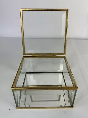 Vintage Glass Mirror Trinket Box Bronze Trim Taiwan Crystal Clear Beveled 4” • $18.99