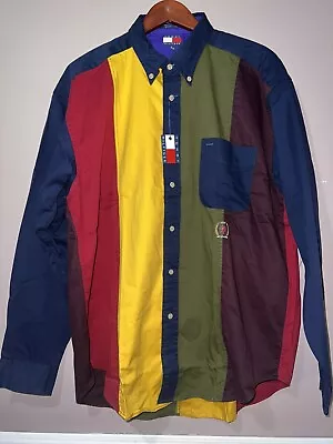 VINTAGE DEADSTOCK 1990's TOMMY HILFIGER COLOR BLOCK SHIRT XL Hip Hop • $74.99