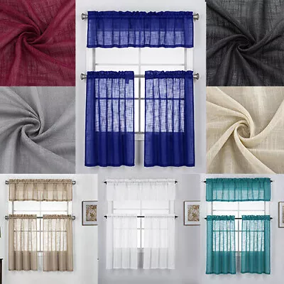 3 Piece Linen Semi Sheer Kitchen Window Treatment Curtain Tiers And Valance Set • $12.79