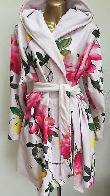 Fab Lush B By Ted Baker Pink Velour Citrus Bloom Hooded Dressing Gown Robe 12-14 • £35