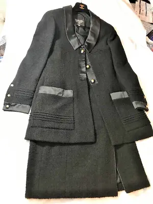 Vintage Chanel Lady Black Wool & Nylon 2 Piece Skirt Suit Sz 44 EUC • $1100